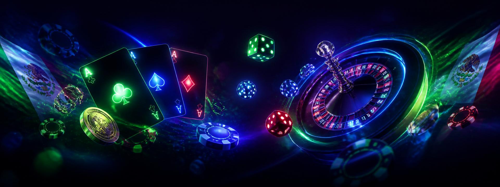 Banner neón con dados, cartas, ruleta y monedas representando el gaming en México